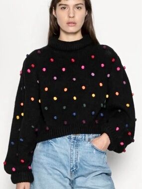 Farm Rio Black Rainbow Dots Pom  Blouson Sleeve Turtleneck Sweater EUC
